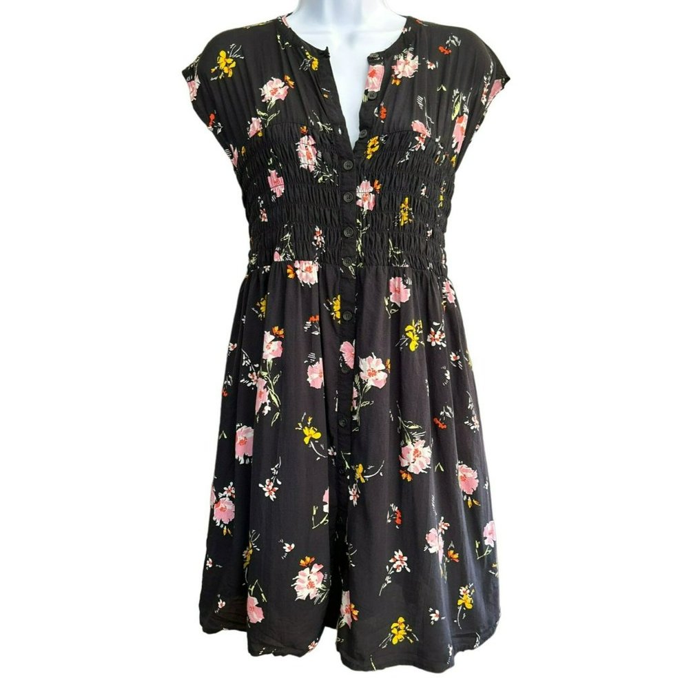 Free People Women's Black Floral Greatest Day Smocked Mini Dress Size Small Pink